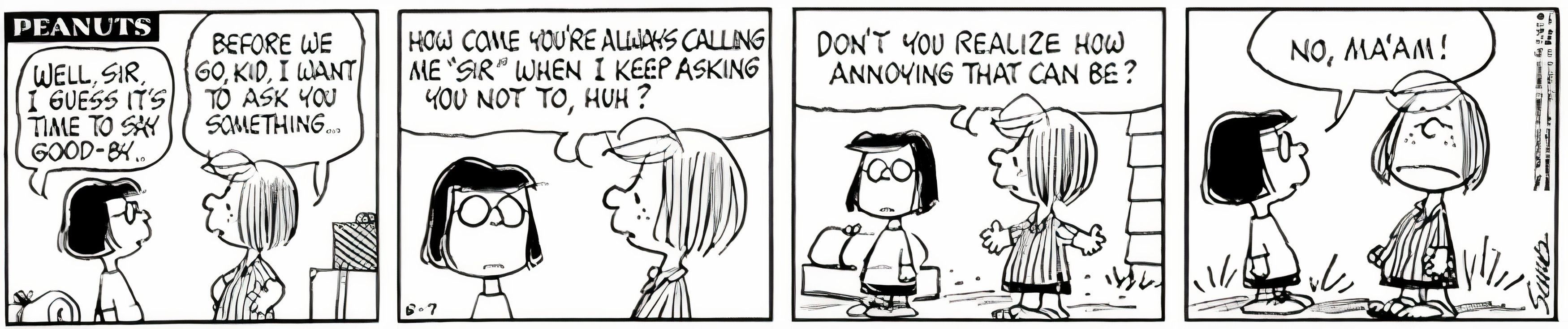 Peanuts, 7 de agosto de 1971, Peppermint Patty pergunta por que Marcie é tão chata