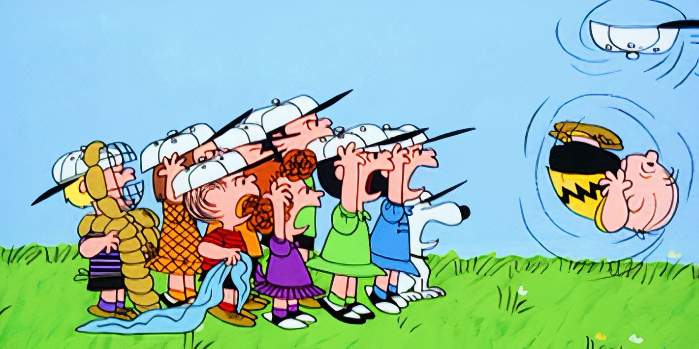 Peanuts, Charlie Brown is knocked off his feet by his baseball team shouting at him