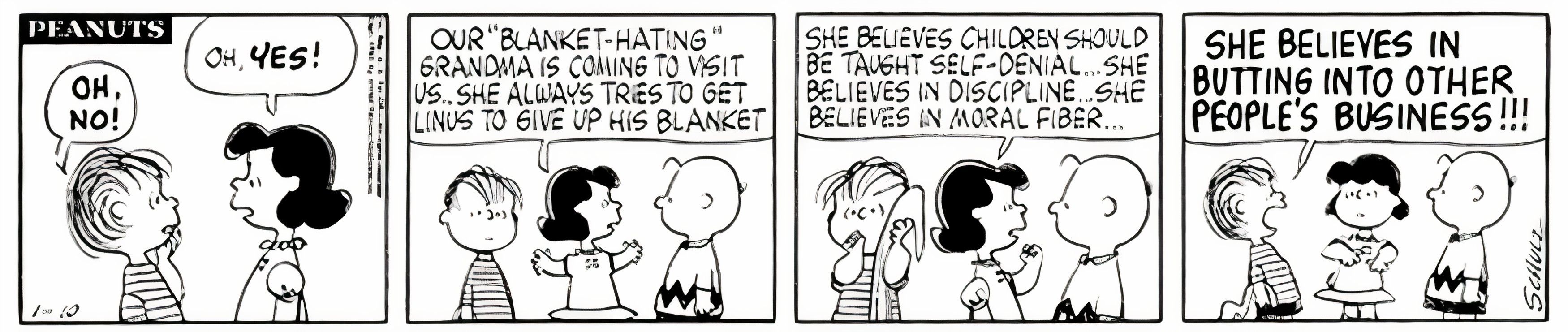 Peanuts, 10 de janeiro de 1963, Linus está estressado porque sua avó, que odeia cobertores, está vindo visitá-lo.