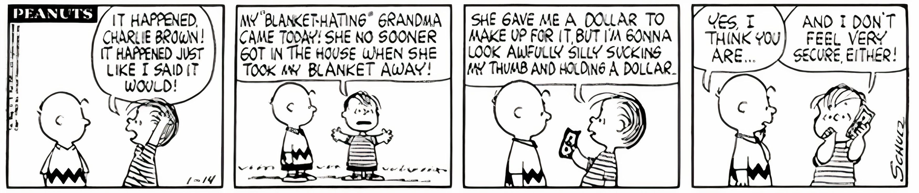 Peanuts, 14 de janeiro de 1963, a avó de Linus pega seu cobertor e lhe dá um dólar