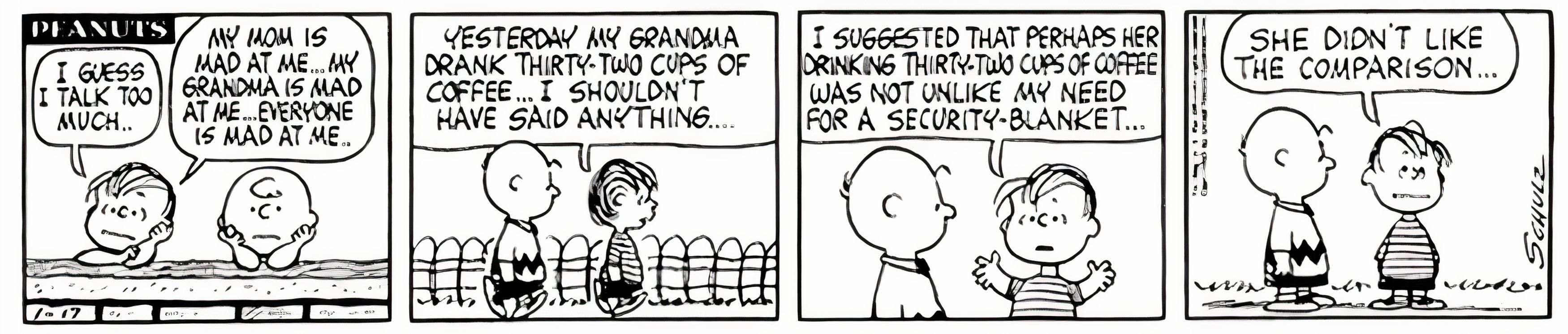 Peanuts, 17 de janeiro de 1963, Linus compara o consumo excessivo de café de sua avó ao seu hábito de segurança