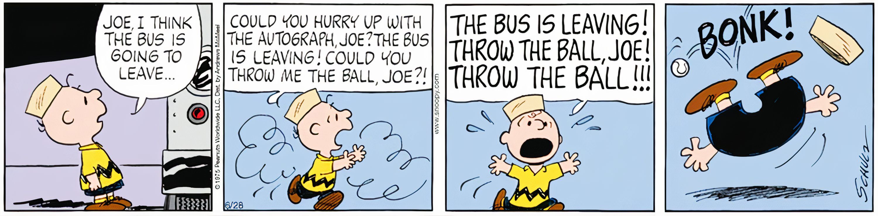 Peanuts, July 1, 1975, Joe Schlabotnik throws Charlie Brown an autographed baseball and hits him in the head