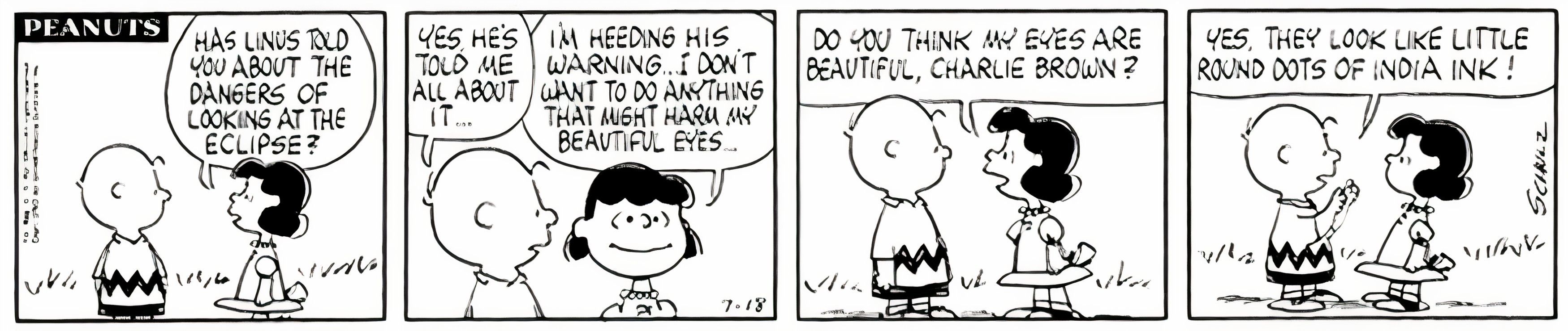 Peanuts, July 18, 1963, Lucy has an aside where she talks to the reader