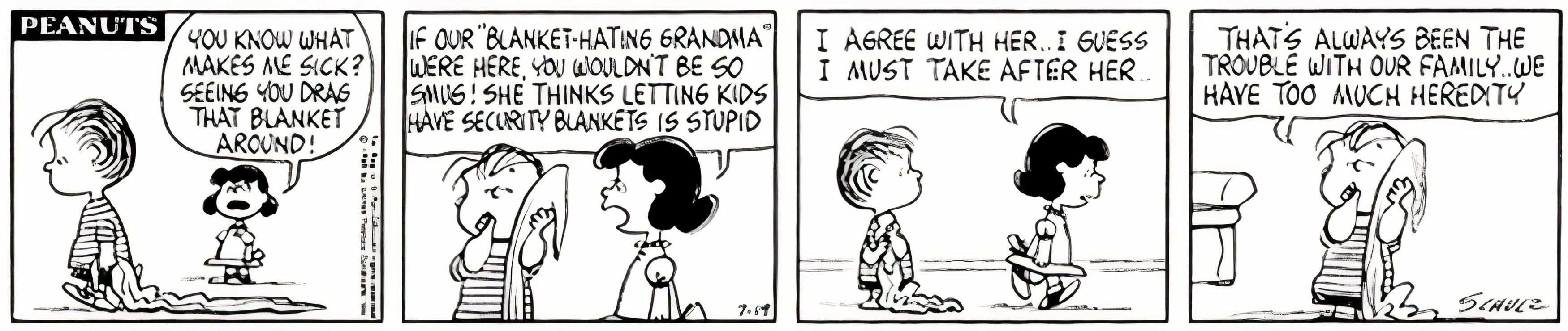 Peanuts, 19 de julho de 1965, Lucy fica enojada com o cobertor de Linus e decide ligar para a avó