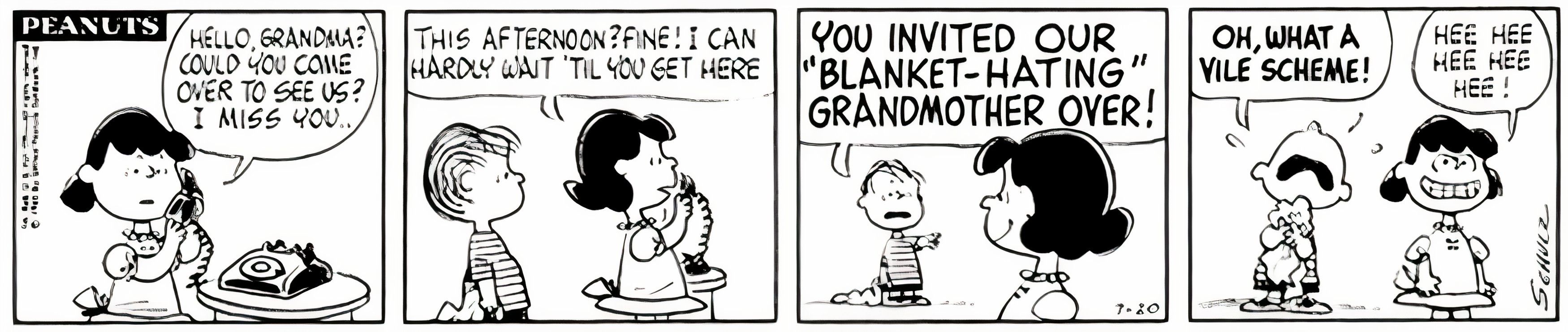 Peanuts, 20 de julho de 1965, Lucy convida o cobertor dela e de Linus que odeia a avó para uma visita