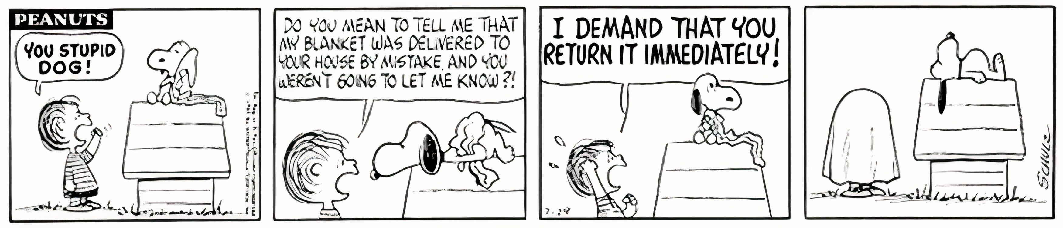 Peanuts, 29 de julho de 1965, é revelado que Snoopy estava com o cobertor perdido de Linus o tempo todo