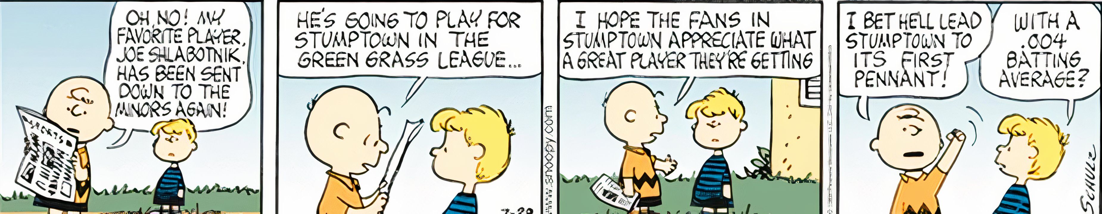 Peanuts, July 30, 1964, Charlie Brown is undeterred in his fandom by Joe Schlabotnik's terrible batting average