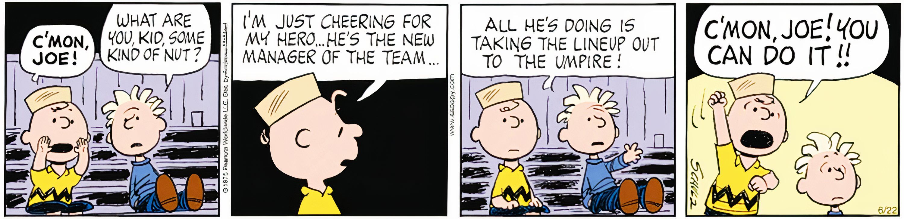 Peanuts, June 25, 1975, Charlie Brown cheers for Joe Schlabotnik, now the manager of a minor league team