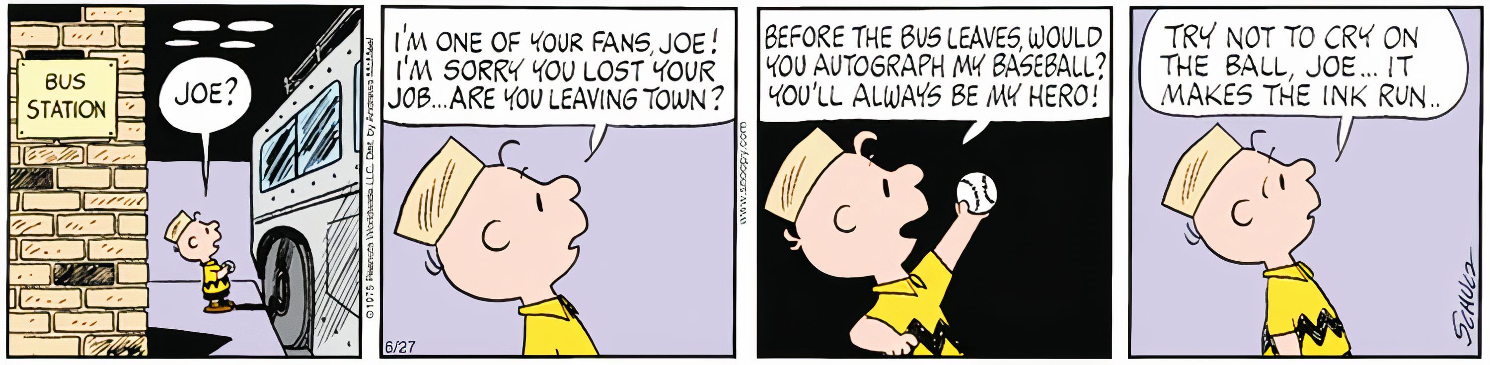 Peanuts, June 30, 1975, Charlie Brown meets Joe Schlabotnik and asks for his autograph