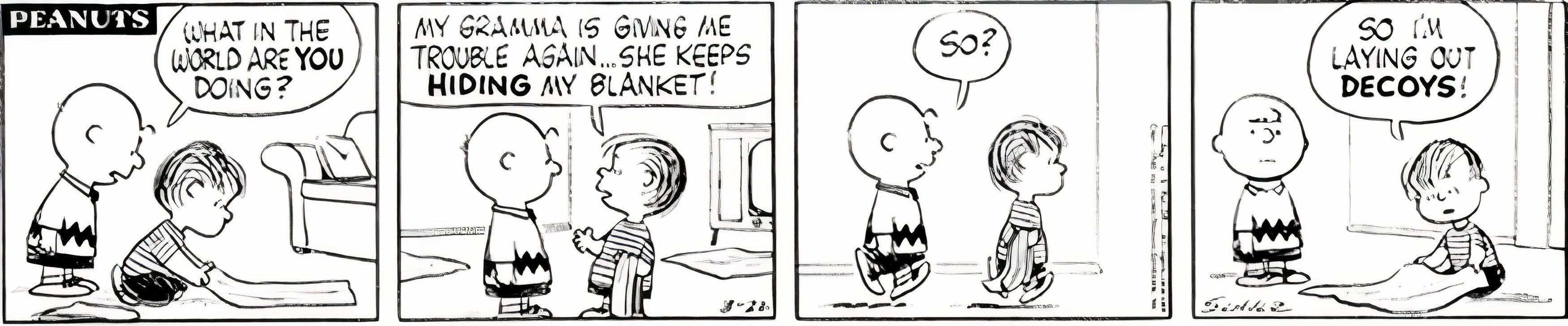 Peanuts, 22 de março de 1960, Linus esconde cobertores chamarizes pela casa para proteger seu cobertor de segurança