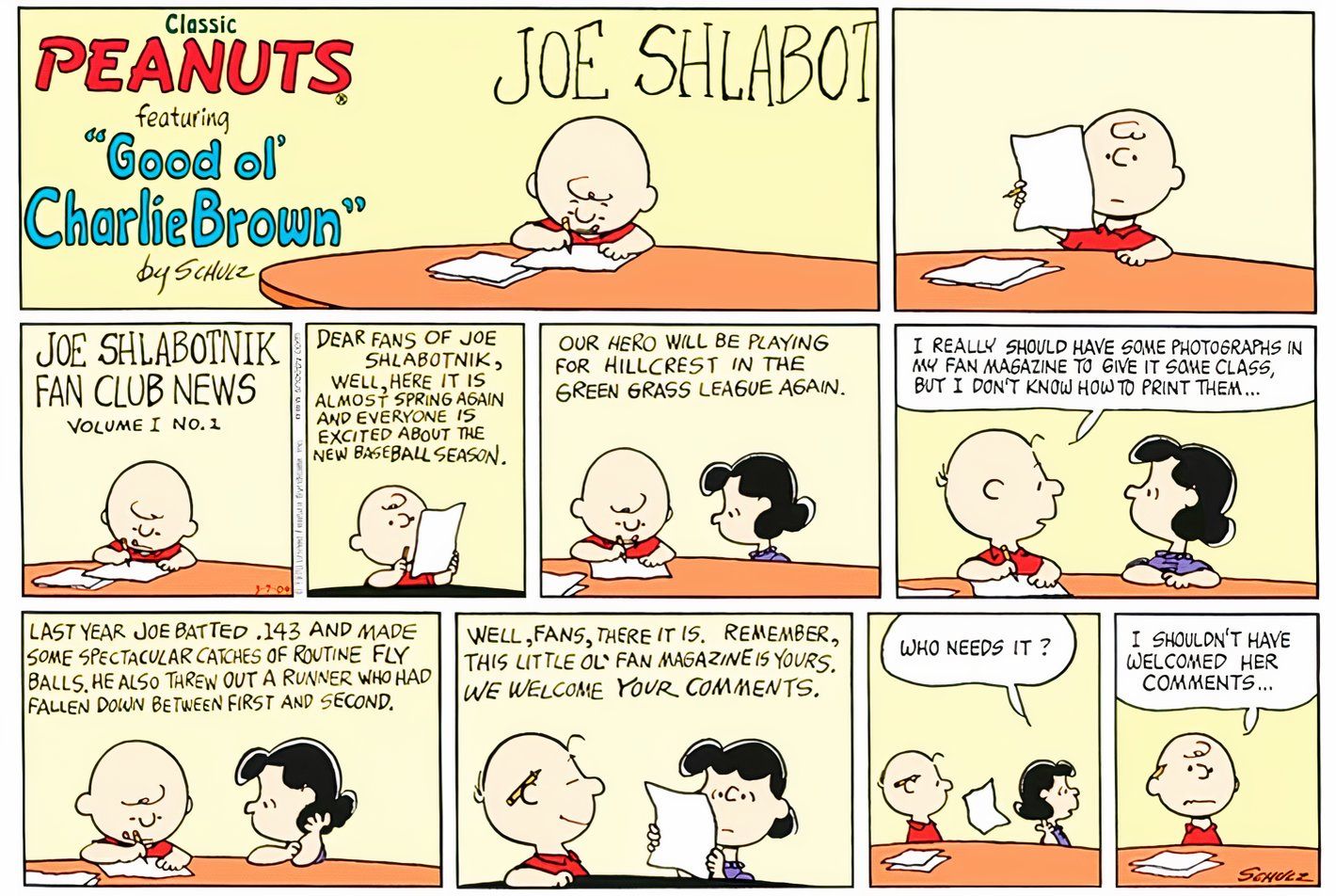 Peanuts, March 8, 1970, Charlie Brown starts a Joe Schlabotnik fan club