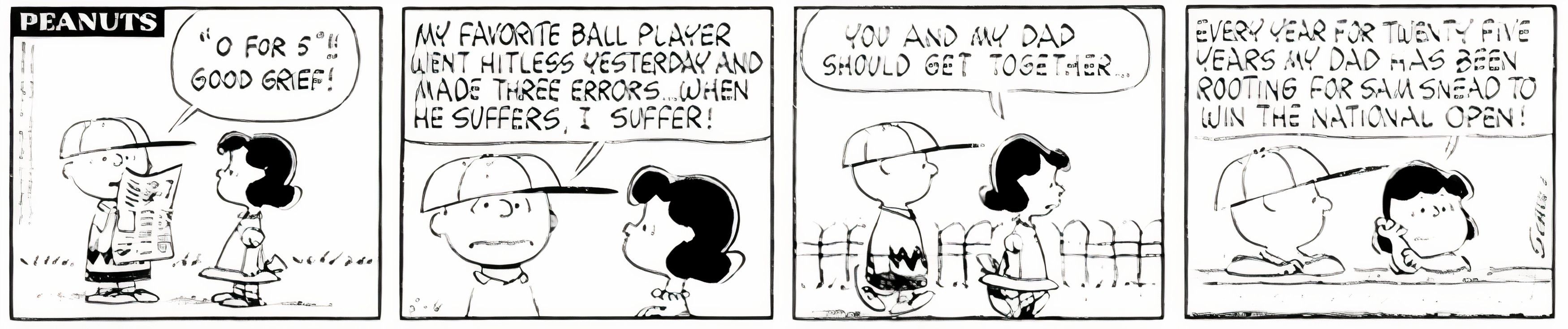 Peanuts, May 6, 1963, Charlie Brown is distraught when his favorite baseball player is sent to the minor leagues