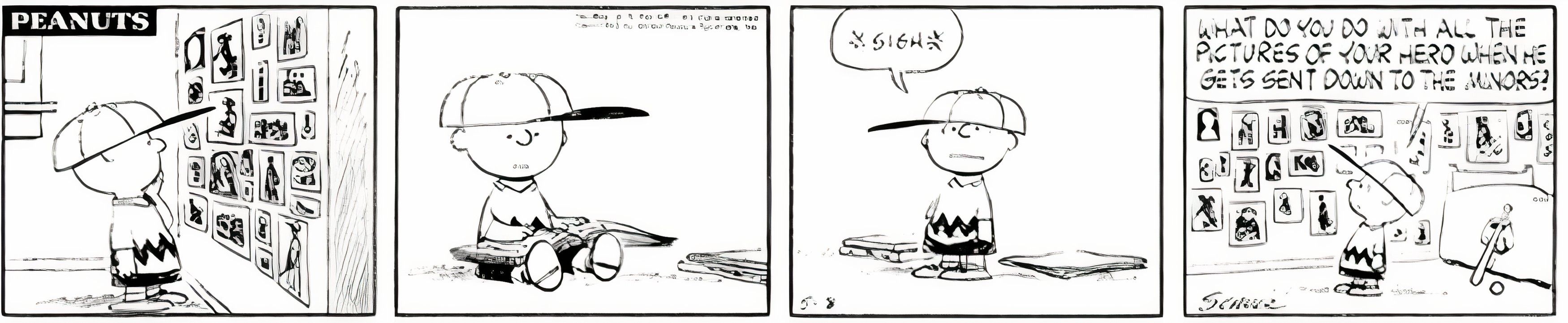 Peanuts, May 8, 1963, Charlie Brown looks at pictures of his favorite baseball player on his wall