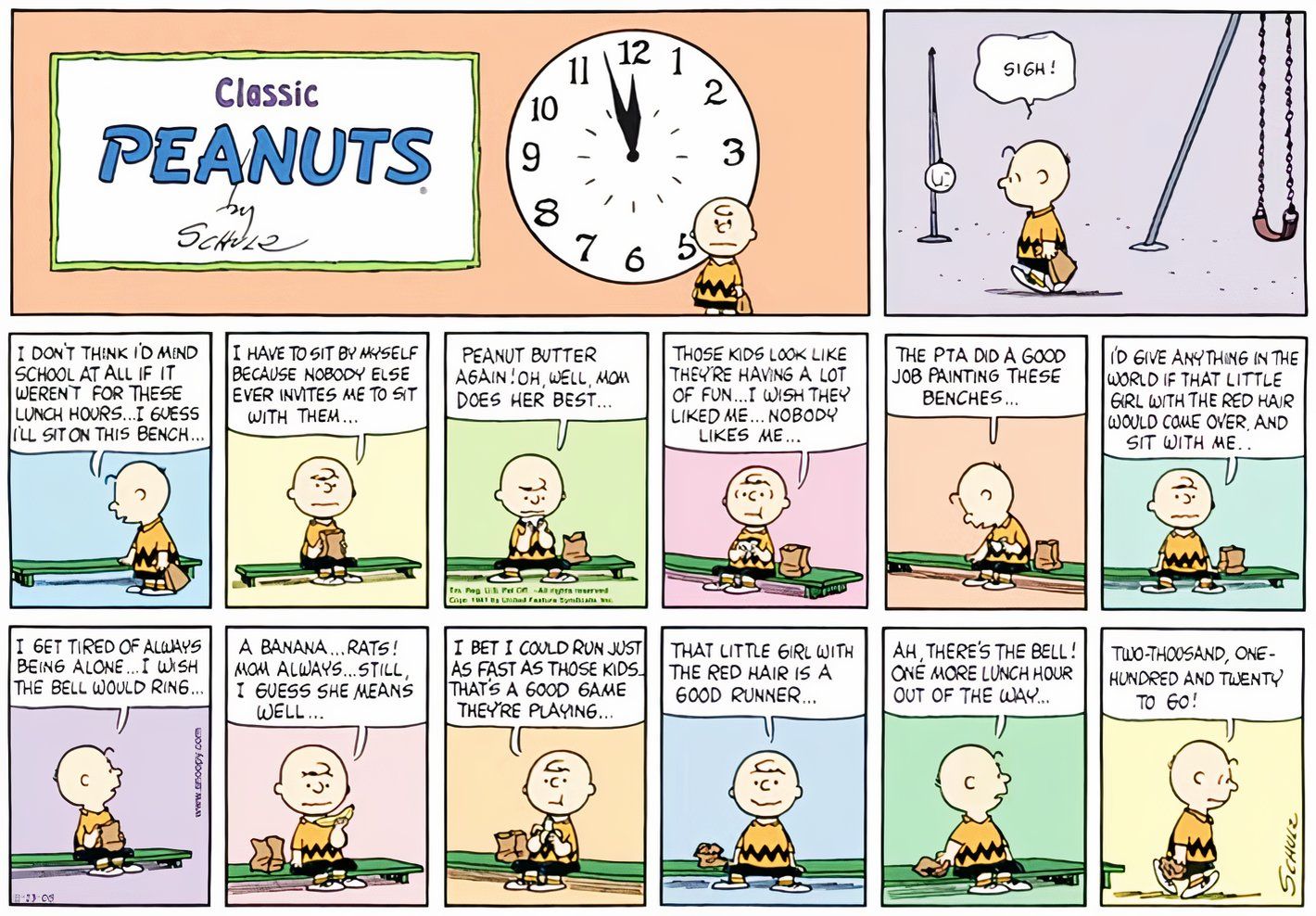 Peanuts, November 19, 1961, Charlie Brown sits alone at lunch time.