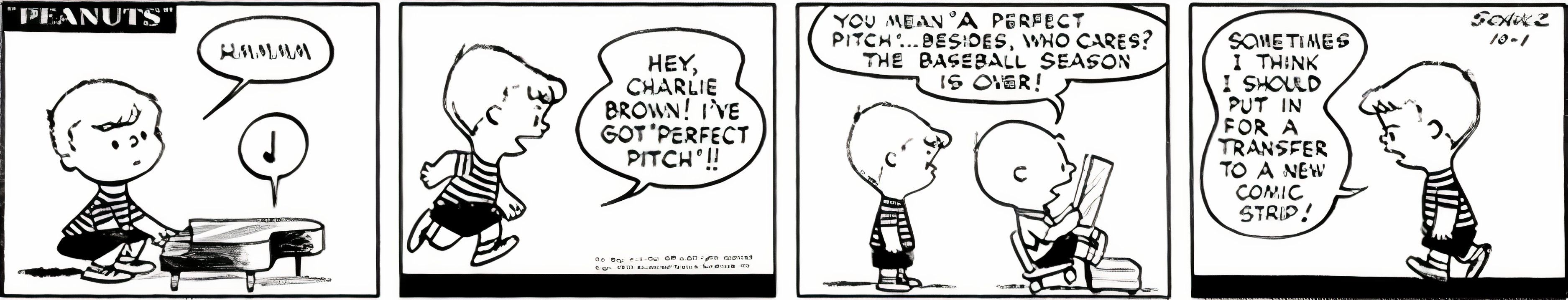 Peanuts, October 1, 1952, Schroeder breaks the fourth wall