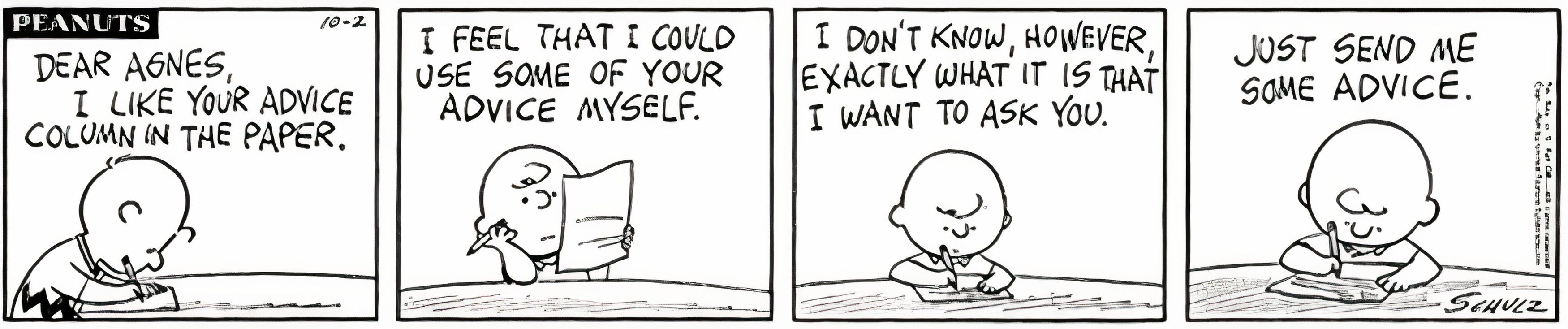 Peanuts, outubro de 1964, Charlie Brown escreve uma carta pedindo conselhos