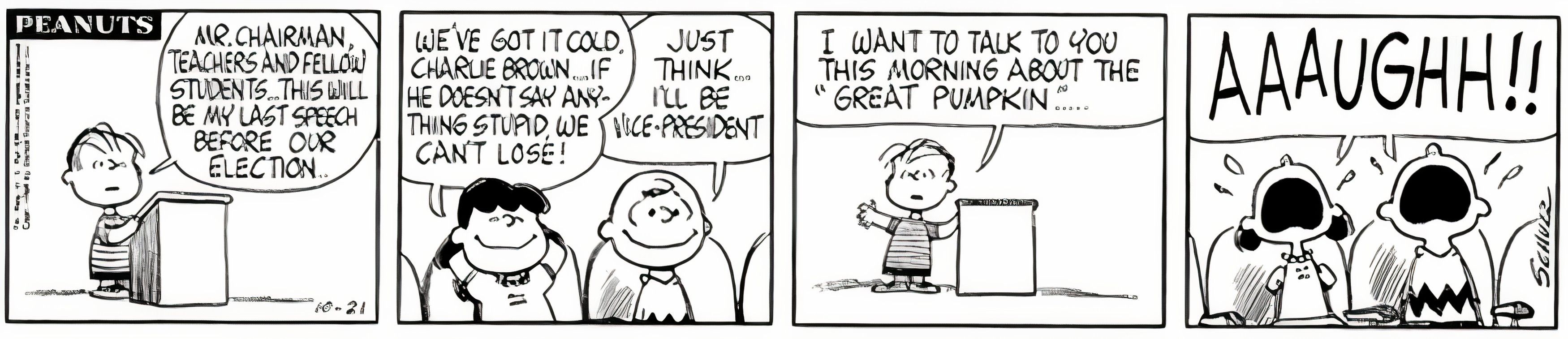 Peanuts, outubro de 1964, Linus traz à tona a Grande Abóbora enquanto concorria para presidente de classe