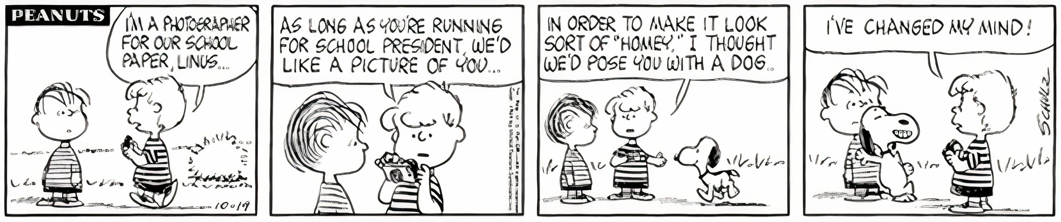 Peanuts, outubro de 1964, Linus posa com Snoopy para uma foto, mas Shroeder muda de ideia