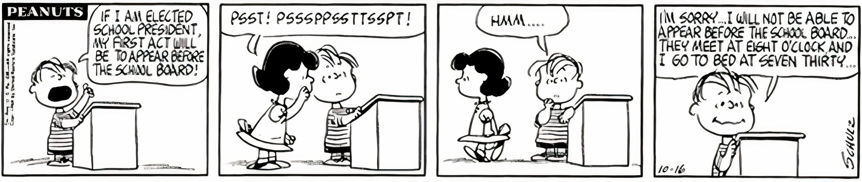 Peanuts, outubro de 1964, Linus concorre a presidente de classe, mas não pode se reunir com o conselho escolar por causa da hora de dormir