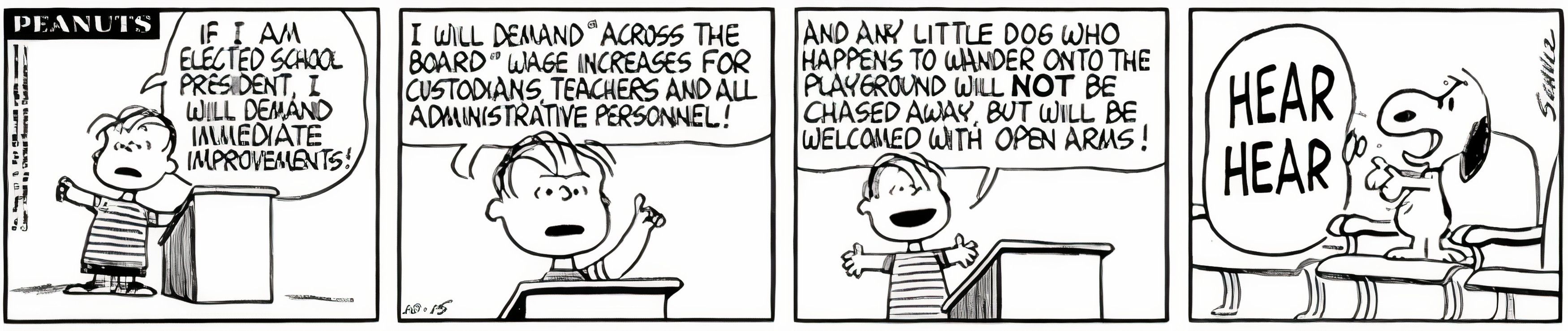 Peanuts, outubro de 1964, Linus concorre a presidente de classe prometendo aumentos salariais para professores e acolhendo cães como Snoopy no parquinho