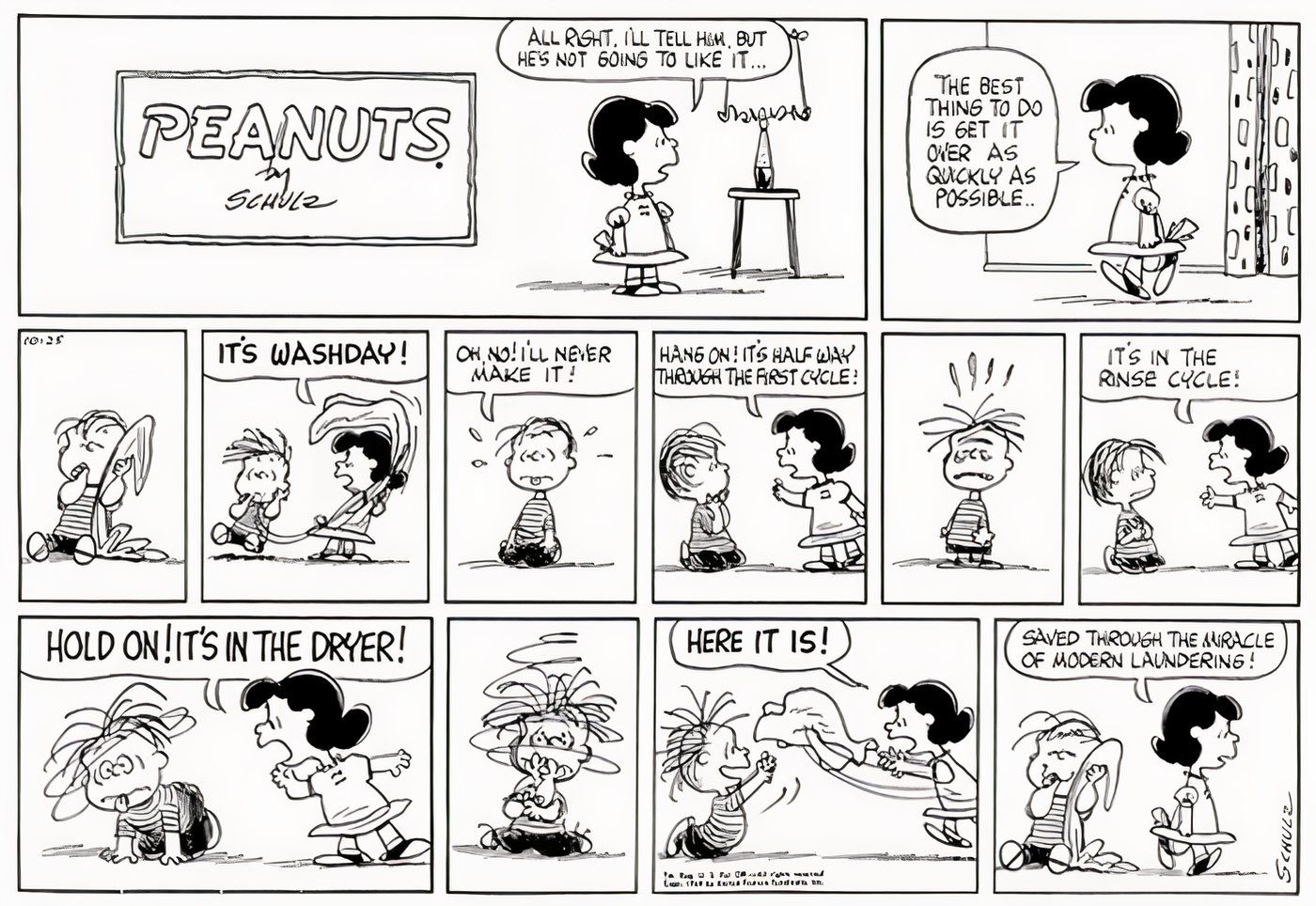 Peanuts, outubro de 1964, Linus luta enquanto seu cobertor é lavado