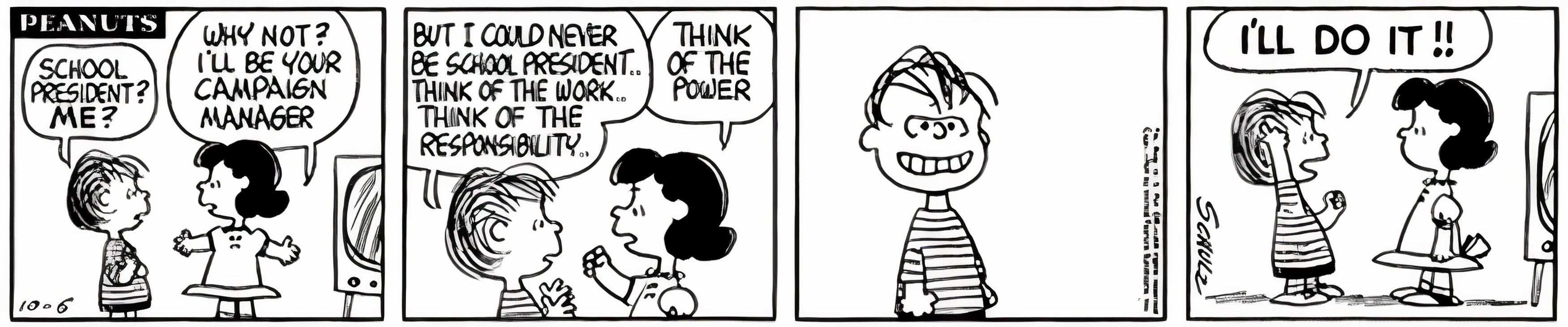 Peanuts, outubro de 1964, Lucy convence Linus a concorrer à presidência da escola