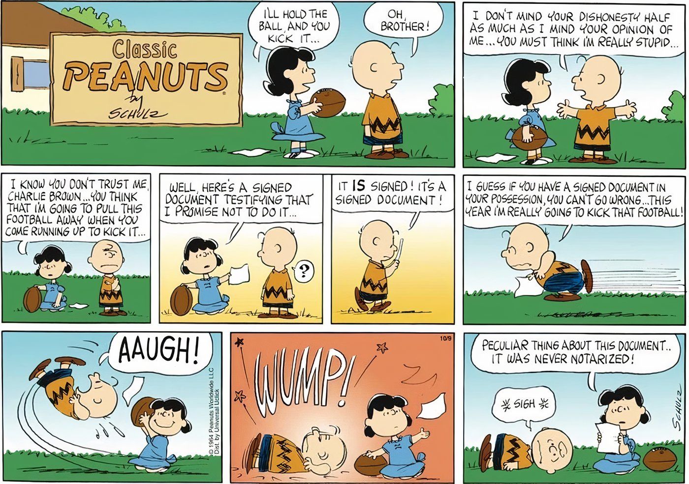 Peanuts, outubro de 1964, Lucy entrega uma carta a Charlie Brown dizendo que não vai tirar a bola de futebol, mas o faz mesmo assim