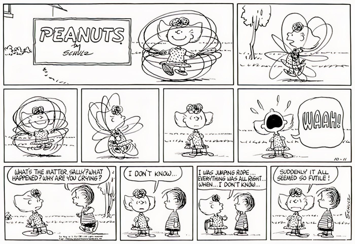 Peanuts, outubro de 1964, Sally pula corda e percebe que é inútil