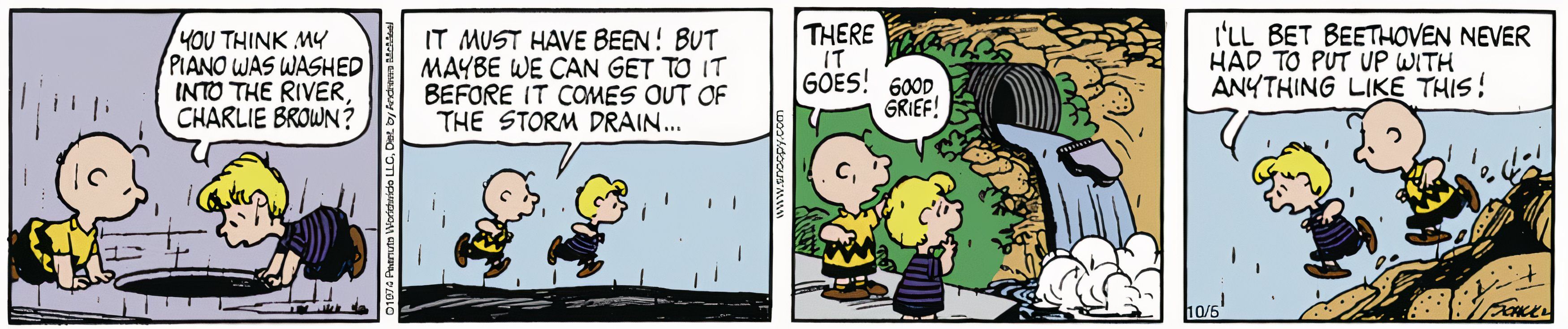 Peanuts, October 1974, Charlie Brown and Schroeder chase his piano to the storm drain