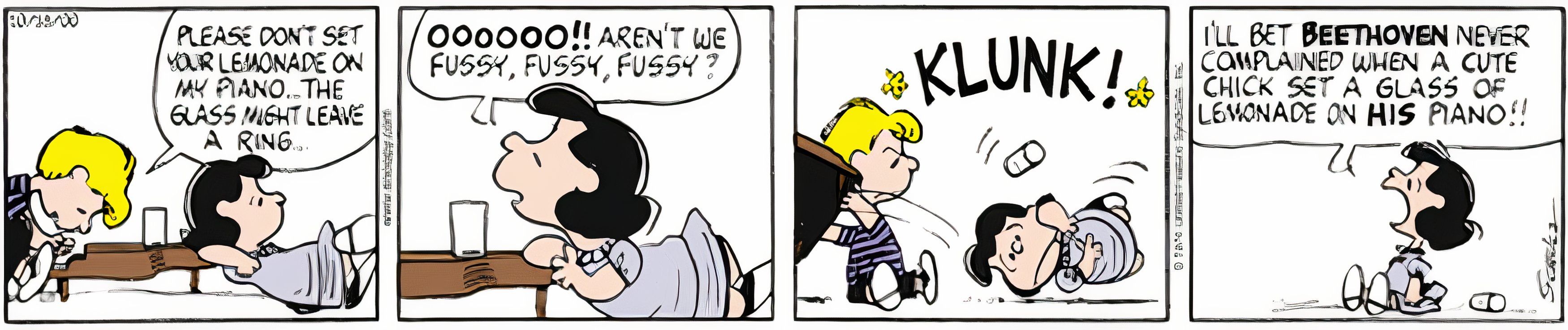 Peanuts, October 1974, Lucy sets a drink on Schroeder's new piano and he gets upset