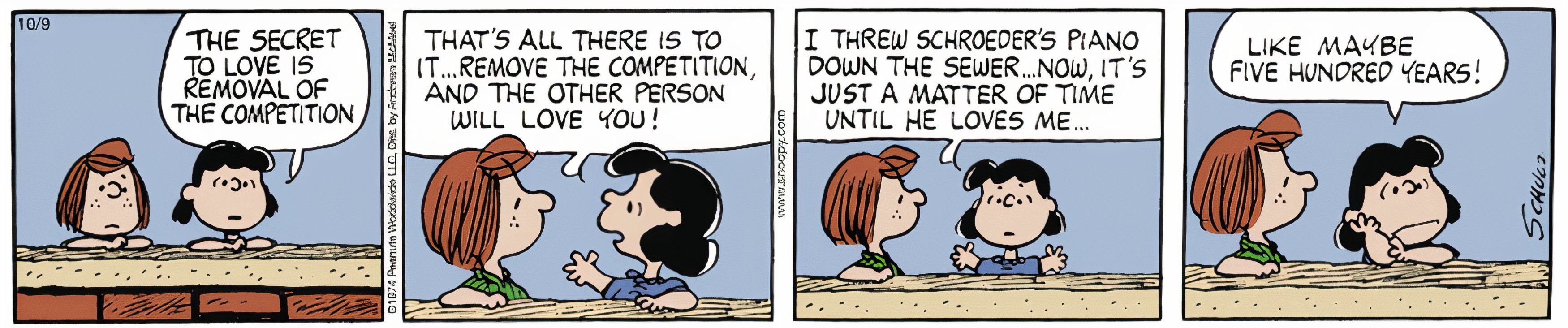 Peanuts, October 1974, Lucy tells Peppermint Patty that love is a competition