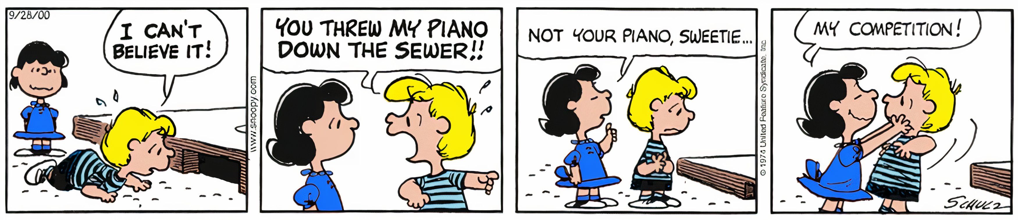 Peanuts, October 1974, Lucy throws Schroeder's piano into a sewer