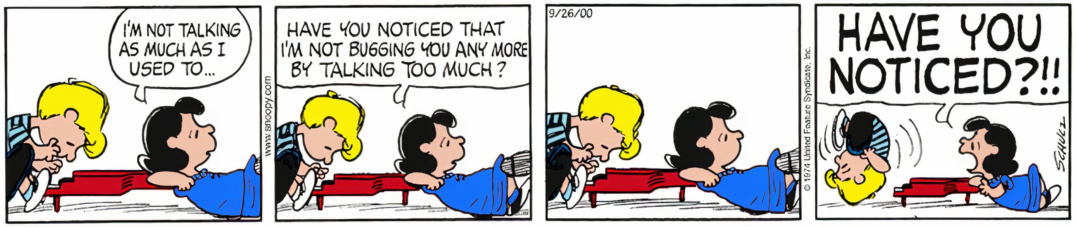 Peanuts, October 1974, Lucy yells at Schroeder for not noticing her