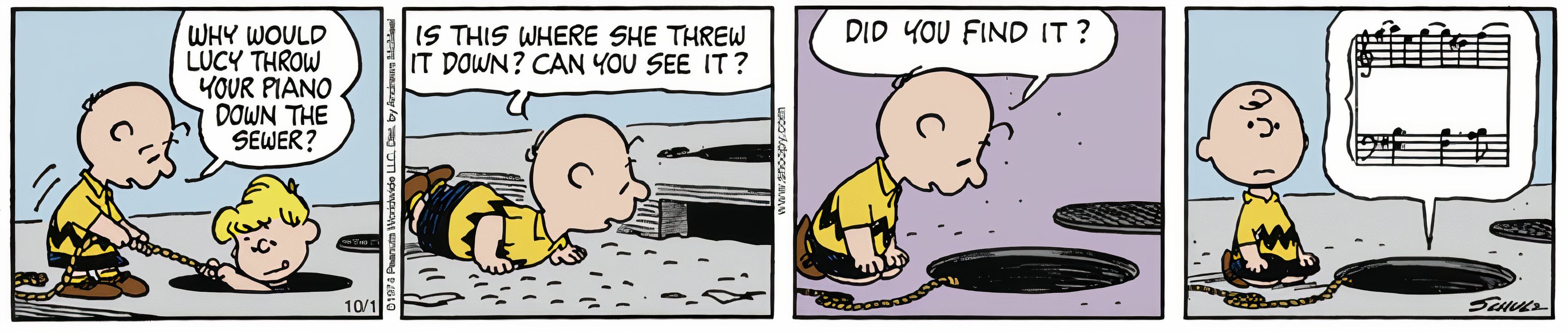 Peanuts, October 1974, Schroeder finds his piano in the sewer with Charlie Brown's help