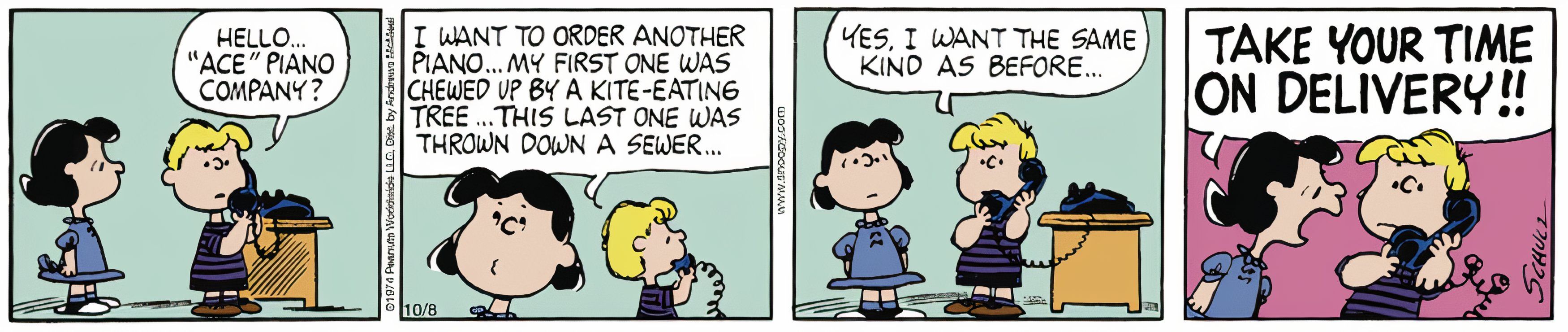 Peanuts, October 1974, Schroeder orders a new piano over the phone