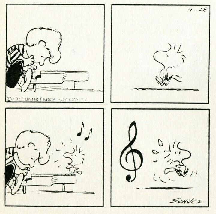 Peanut Strip: Woodstock follows Schroeder's music.