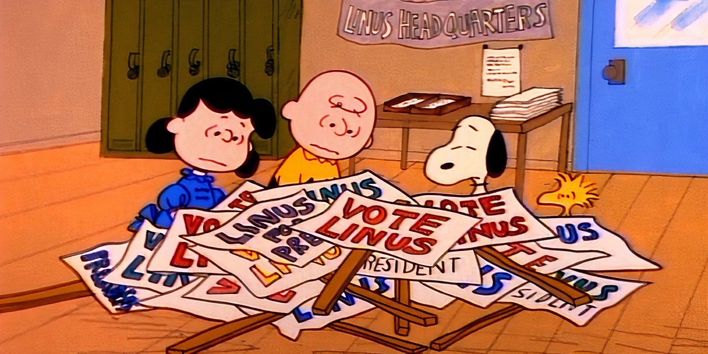 Lucy, Charlie Brown, Snoopy e Woodstock olham com tristeza para as placas 'Vote Linus' em uma moldura do "Você não foi eleito, Charlie Brown" especial animado