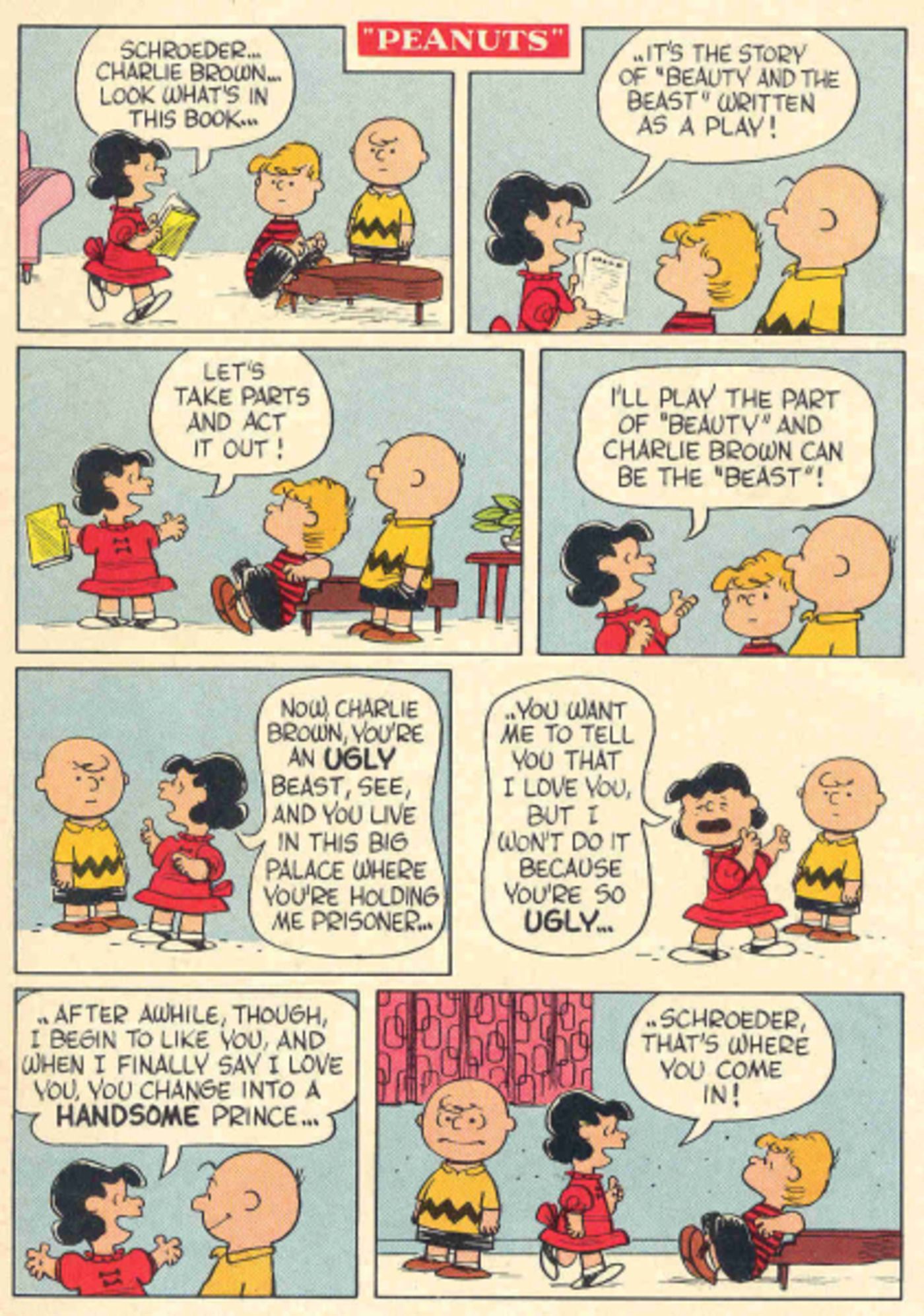 Tira de amendoim: Lucy, Charlie Brown e Schroeder praticando A Bela e a Fera.