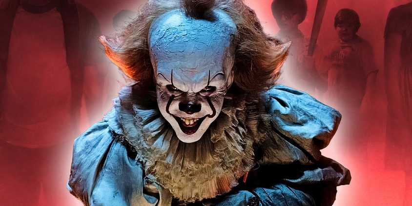An edited image of Pennywise the Clown from It with the Loser's Club in the background.