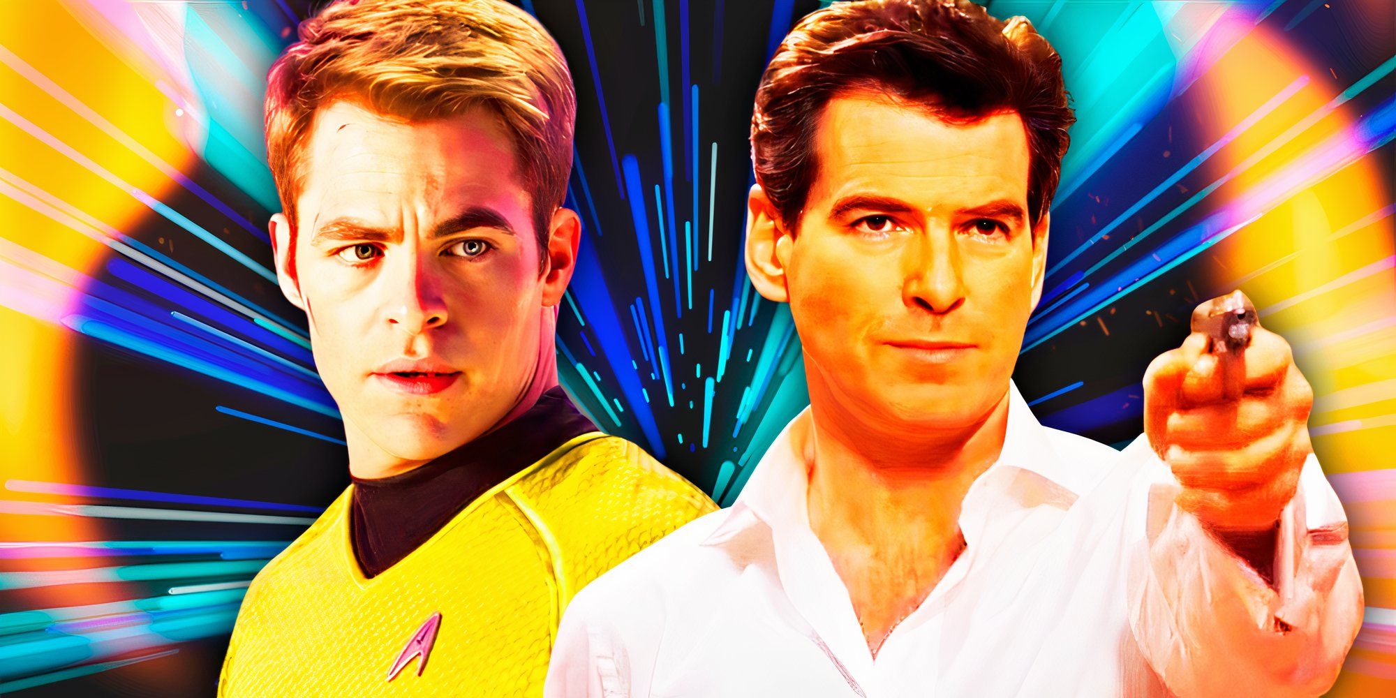 Pierce Brosnan as James Bond in Die Another Day and Chris Pine as Captain Kirk