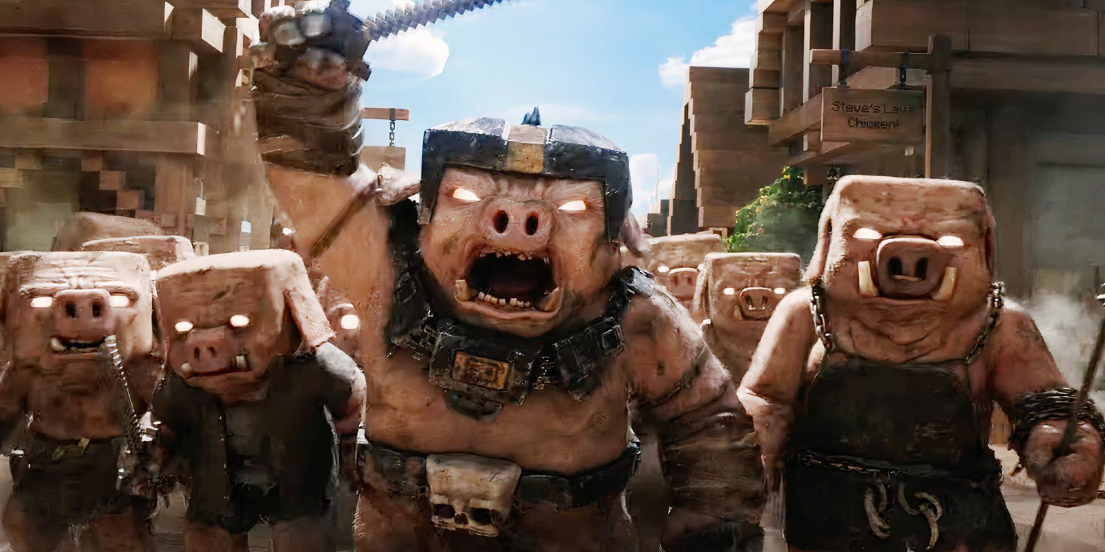 A Pigline raising a sword and looking angry in a Minecraft movie