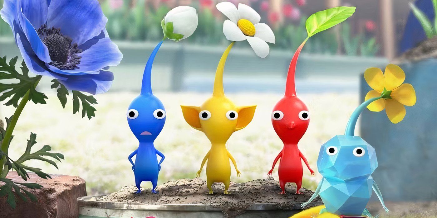 4 Pikmin in a line near some natural water.