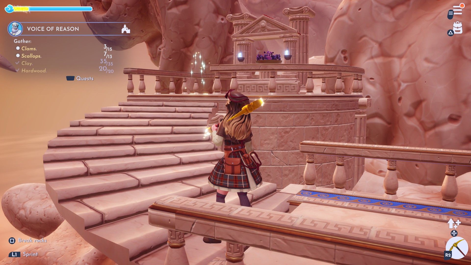 Player heading up stairs in a mythic trial in Disney Dreamlight Valley