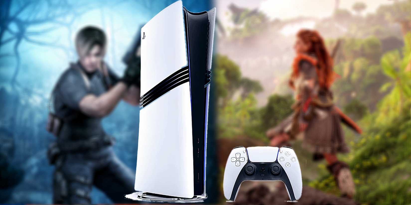 PlayStation 5 Pro with Horizon and Resident Evil 4 blurred in the background