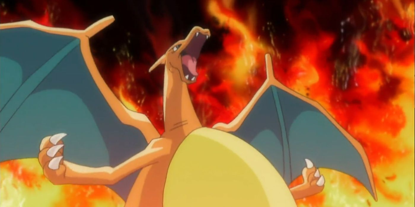 Ash's Charizard bellowing in front of flames.