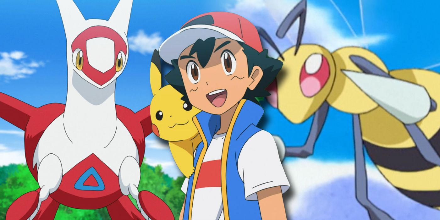 Ash standing in front of Latias and Beedrill, two pokemon he should've caught.