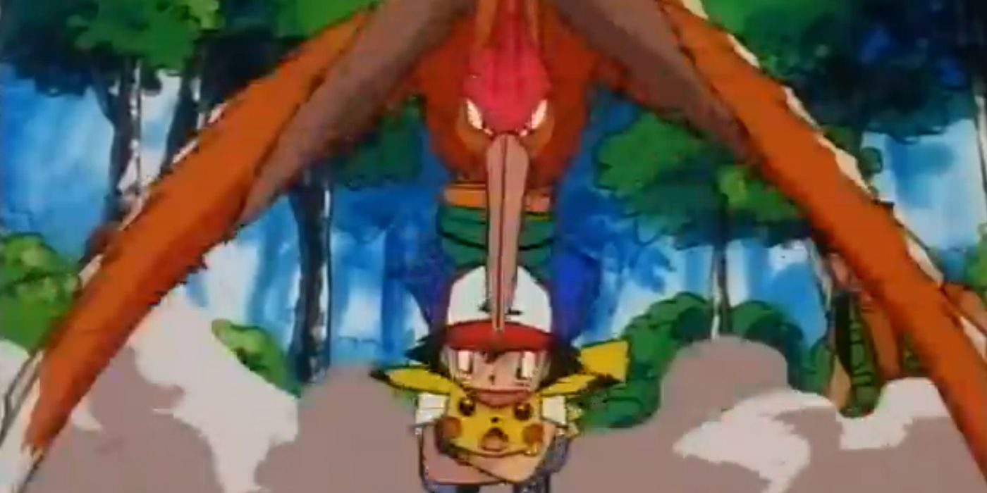 Ash being picked up by the Fearow he will attempt to catch.