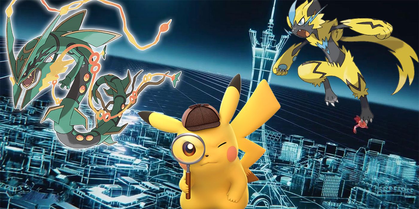 Detective Pikachu Looking Quizzically in front of Lumiose City