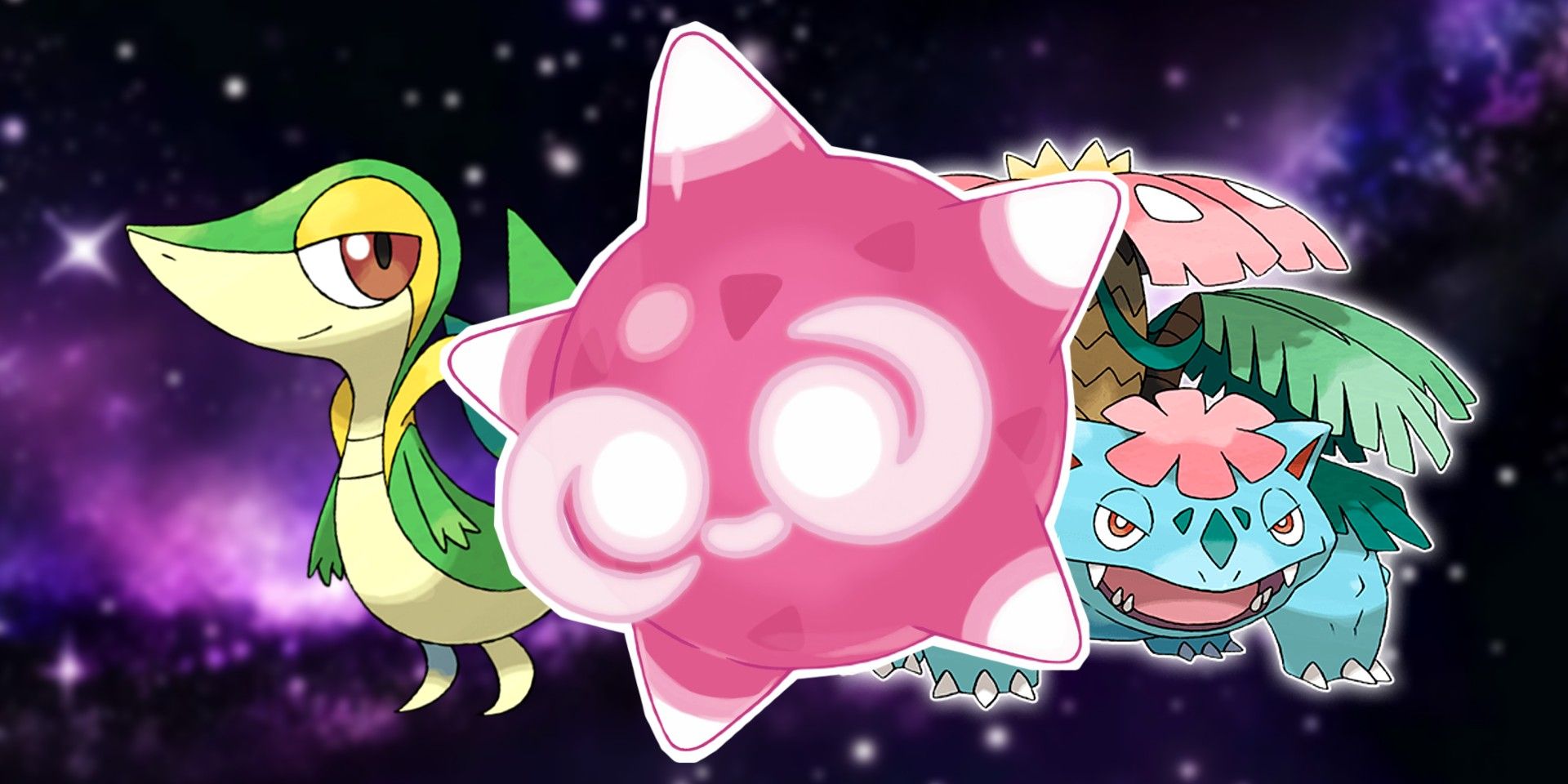 Pokemon Minior Venosaur and Snivy against a galaxy background