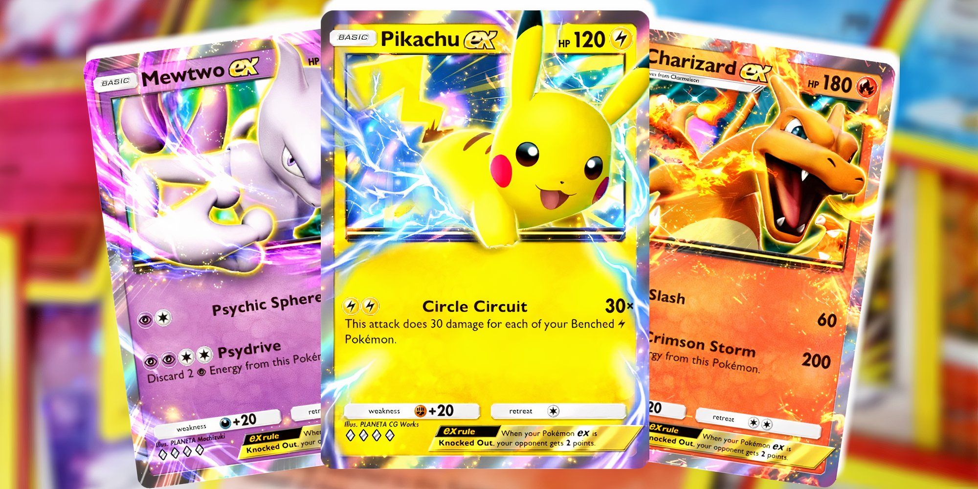 Pokemon TCG Pocket cards depicting Pikachu, Charizard, and Mewtwo